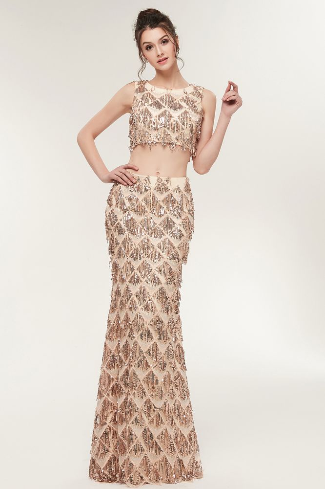 Robe de bal deux pièces sirène sans manches, longue jusqu'au sol, à sequins couleur champagne