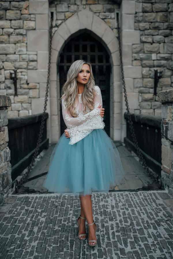 Robe de bal deux pièces en tulle transparent à manches longues et dentelle PD208