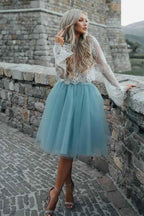 Robe de bal deux pièces en tulle transparent à manches longues et dentelle PD208