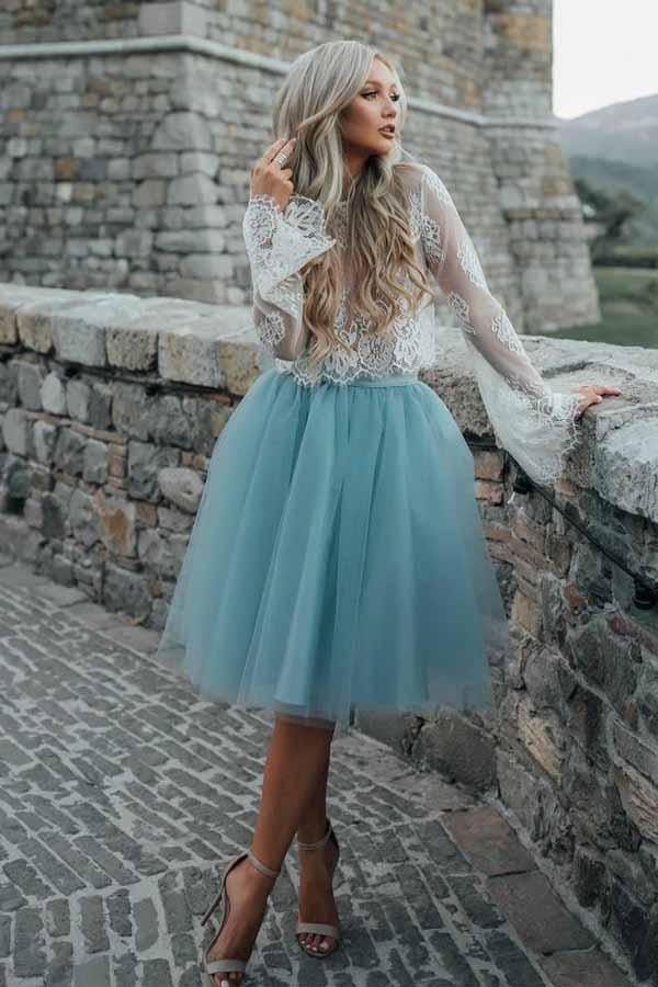 Robe de bal deux pièces en tulle transparent à manches longues et dentelle PD208