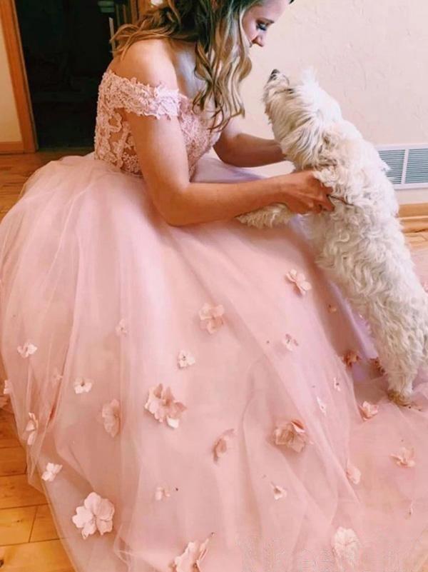 Vestidos de novia de dos piezas con escote en V y apliques de flores 3D WD420