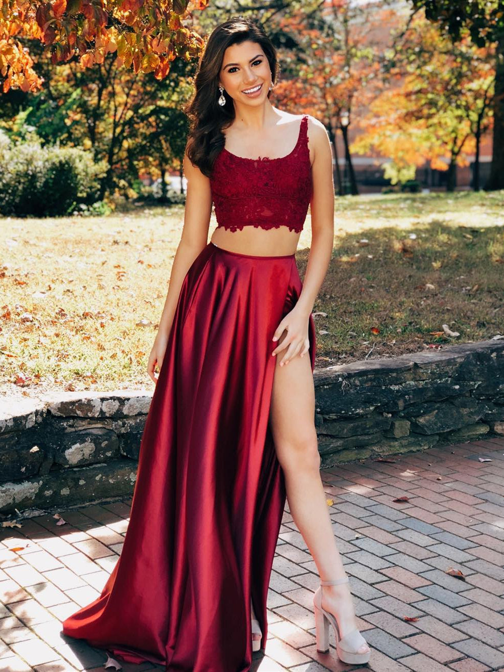Two Pieces A-line Lace Satin Long Backless Prom Dresses with Slit