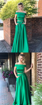 Robe de bal longue en satin, coupe trapèze, épaules dénudées et poches, deux pièces