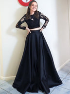 Vestido de fiesta formal de dos piezas, negro, largo, corte en A, cuello redondo, satén y encaje, con mangas.