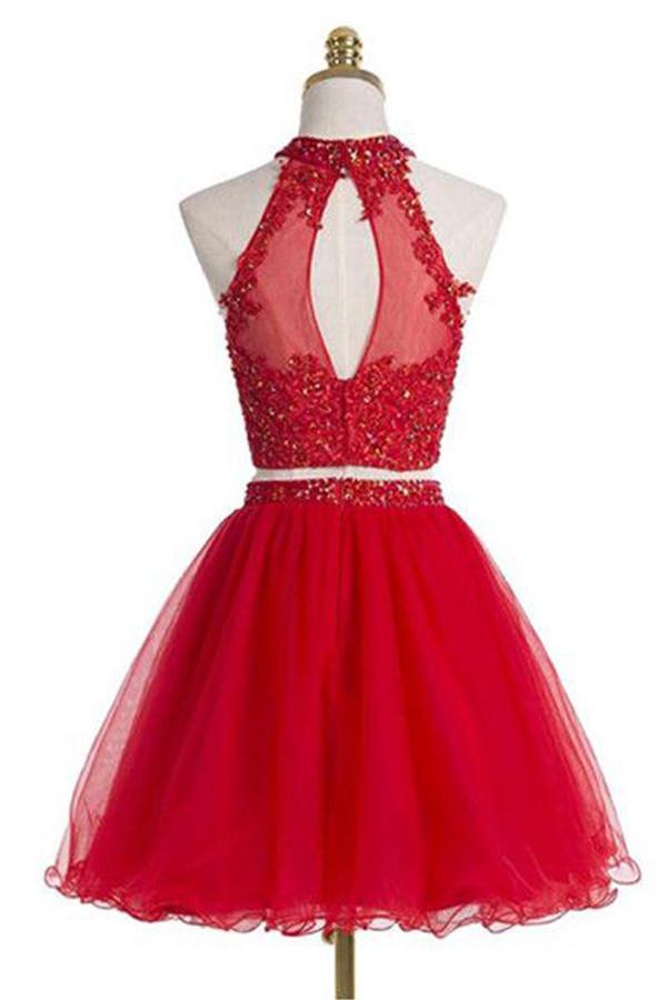 Robe de bal rouge deux pièces dos nu sans manches
