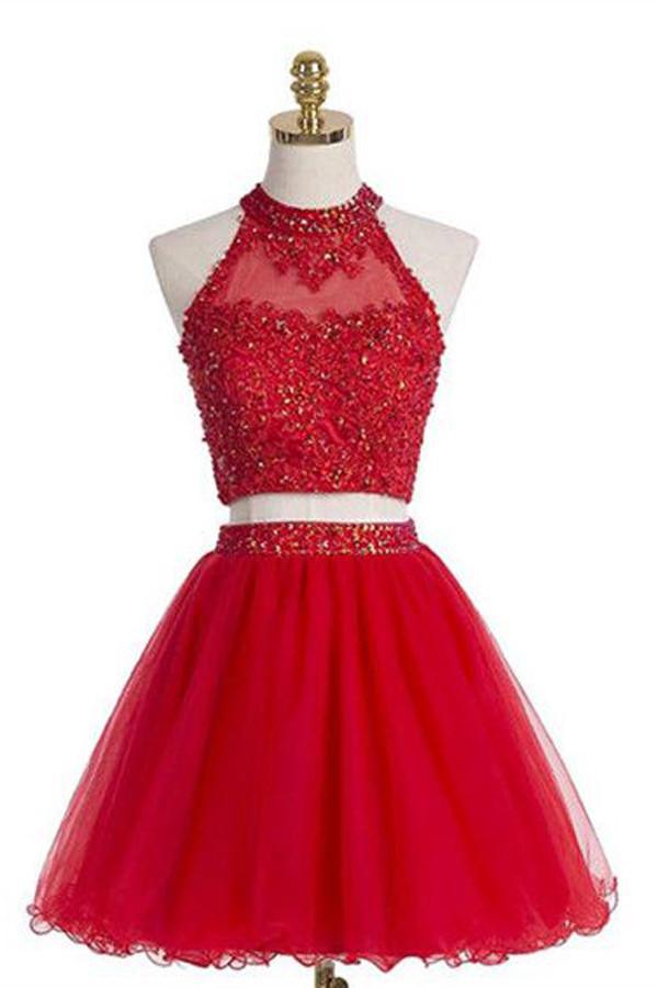 Robe de bal rouge deux pièces dos nu sans manches