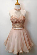 Robe de bal courte deux pièces à col montant et perles PD105