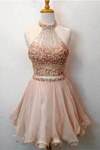 Robe de bal courte deux pièces à col montant et perles PD105
