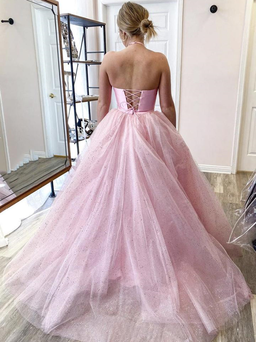 Robe de bal deux pièces longue trapèze dos nu en satin et tulle