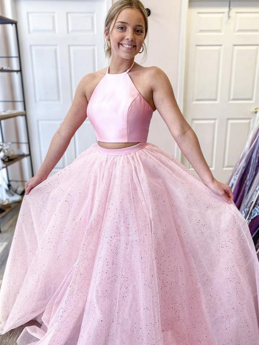 Robe de bal deux pièces longue trapèze dos nu en satin et tulle