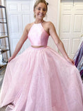 Robe de bal deux pièces longue trapèze dos nu en satin et tulle