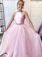 Robe de bal deux pièces longue trapèze dos nu en satin et tulle