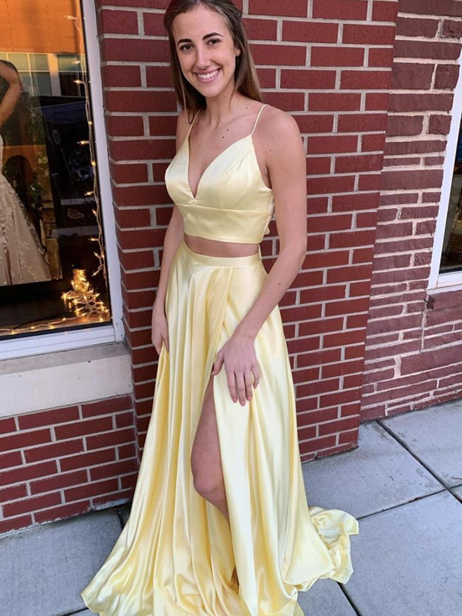 Vestido de noche formal de dos piezas, corte en A, escote en V, satén, con abertura, corte largo, dos piezas, satén.
