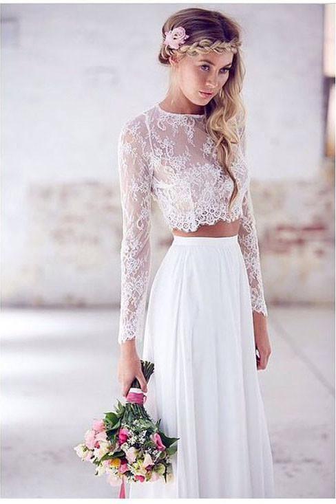 Vestido de novia blanco de encaje de dos piezas para boda en la playa WD383