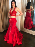 Robe de bal longue rouge sirène deux pièces en dentelle à col en V