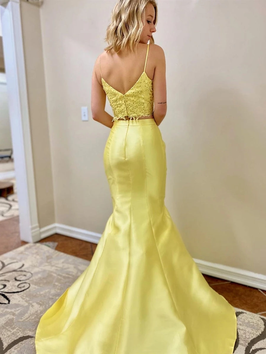 Robe de bal longue jaune sirène deux pièces en satin et dentelle, col en V