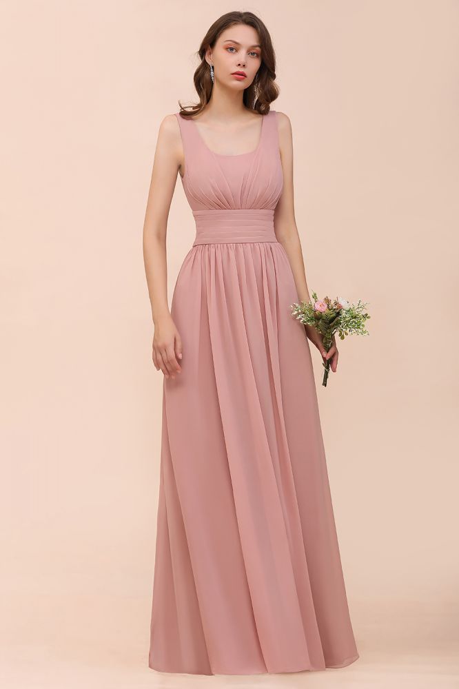 Vestido largo de fiesta formal de gasa con cuello en U y cintura alta para dama de honor