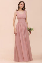 Vestido largo de fiesta formal de gasa con cuello en U y cintura alta para dama de honor