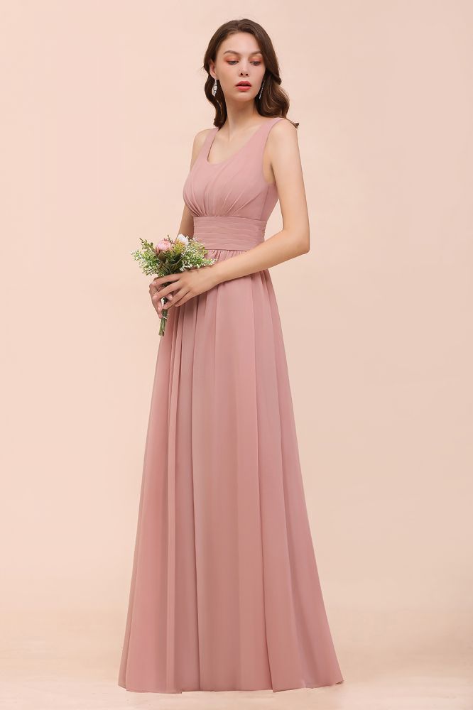 Robe de demoiselle d'honneur longue en mousseline, col rond, taille haute, robe de soirée formelle