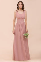 Vestido largo de fiesta formal de gasa con cuello en U y cintura alta para dama de honor