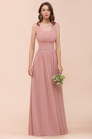 U-Neck High Waist Bridesmaid Dress Long Chiffon Formal Party Dress