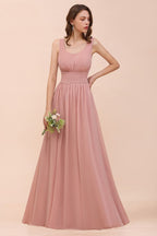 Vestido largo de fiesta formal de gasa con cuello en U y cintura alta para dama de honor