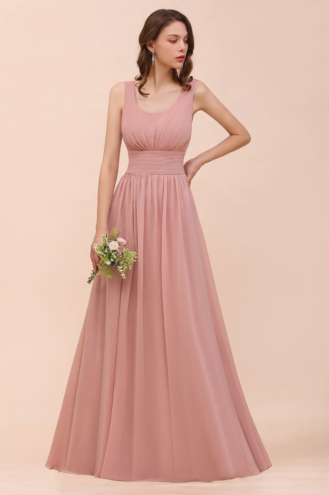 Vestido largo de fiesta formal de gasa con cuello en U y cintura alta para dama de honor