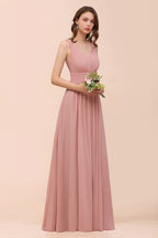 Vestido largo de fiesta formal de gasa con cuello en U y cintura alta para dama de honor
