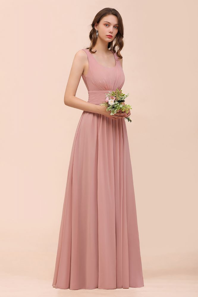 Vestido largo de fiesta formal de gasa con cuello en U y cintura alta para dama de honor