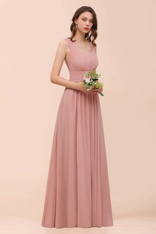 U-Neck High Waist Bridesmaid Dress Long Chiffon Formal Party Dress