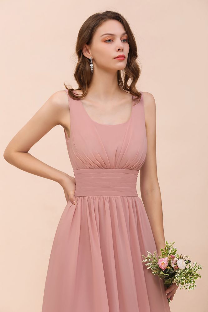 Vestido largo de fiesta formal de gasa con cuello en U y cintura alta para dama de honor