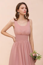 Vestido largo de fiesta formal de gasa con cuello en U y cintura alta para dama de honor