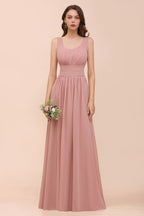 Vestido largo de fiesta formal de gasa con cuello en U y cintura alta para dama de honor