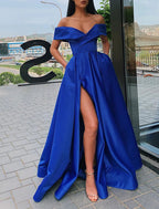 Vestidos de fiesta corte A, estilo celebridad, vestidos largos de Navidad, manga corta, escote en V, satén con abertura