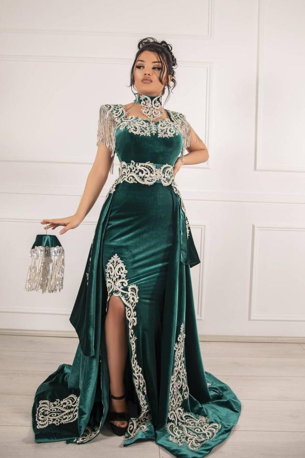 Robe de bal sirène longue en velours vert unique avec fente