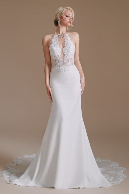 Robe de mariée sirène unique en satin, sans manches, dos nu et à motifs. 
