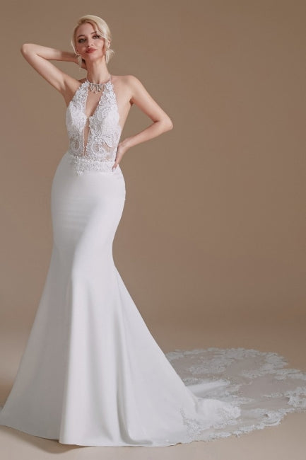 Robe de mariée sirène unique en satin, sans manches, dos nu et à motifs. 