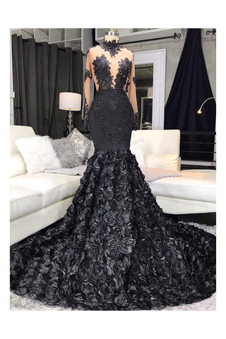 Unique Lace Appliques Flowers High-Neck Prom Dresses Sheer Tulle Fit and Flare Evening Gowns