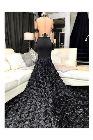 Unique Lace Appliques Flowers High-Neck Prom Dresses Sheer Tulle Fit and Flare Evening Gowns