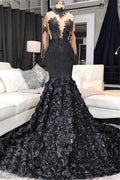 Unique Lace Appliques Flowers High-Neck Prom Dresses Sheer Tulle Fit and Flare Evening Gowns