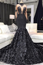 Unique Lace Appliques Flowers High-Neck Prom Dresses Sheer Tulle Fit and Flare Evening Gowns