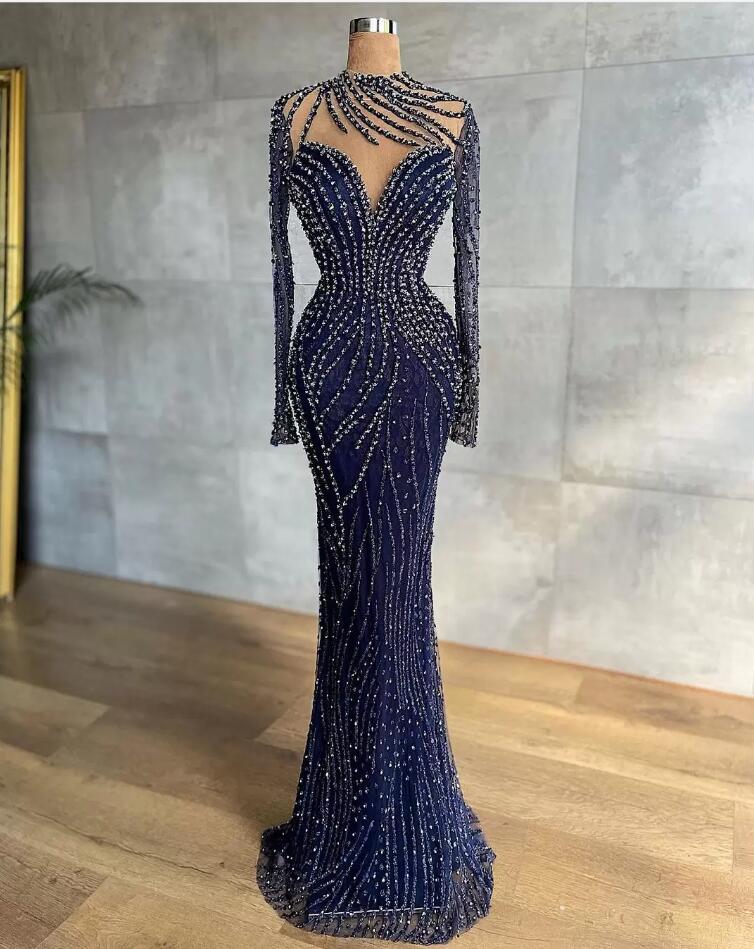 Unique Long Mermaid High Neck Tulle Prom Dress with Sleeves