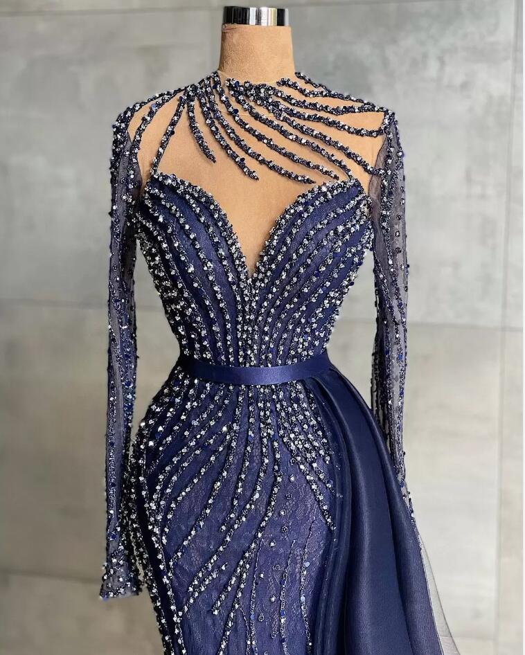 Unique Long Mermaid High Neck Tulle Prom Dress with Sleeves