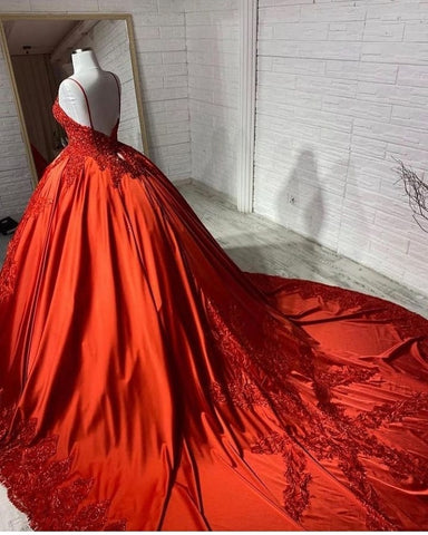 Vestido de novia único, largo, estilo princesa, con escote corazón, espalda descubierta, apliques, encaje y satén.