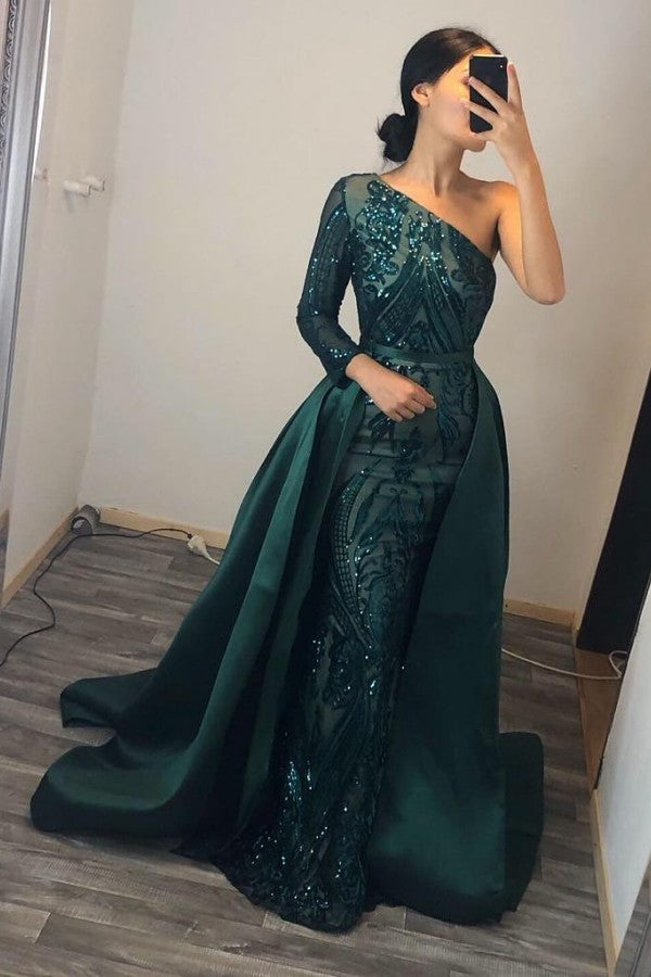Vestido largo de fiesta único estilo sirena, con lentejuelas, un solo hombro y mangas.
