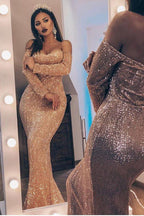 Unique Off-the-Shoulder Charming Sequins  Evening Dresses Chic Long Sleevess Fit and Flare Prom Dresses Online