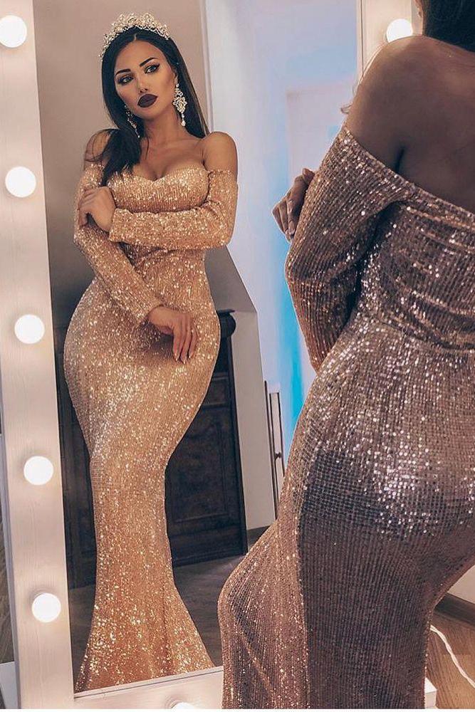 Unique Off-the-Shoulder Charming Sequins  Evening Dresses Chic Long Sleevess Fit and Flare Prom Dresses Online