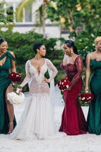 Robe de demoiselle d'honneur longue unique en satin élastique vert émeraude, bustier et épaules dénudées 