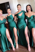 Robe de demoiselle d'honneur longue unique en satin élastique vert émeraude, bustier et épaules dénudées 