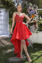 Robe de bal rouge unique à fines bretelles sans manches et coupe trapèze avec dentelle